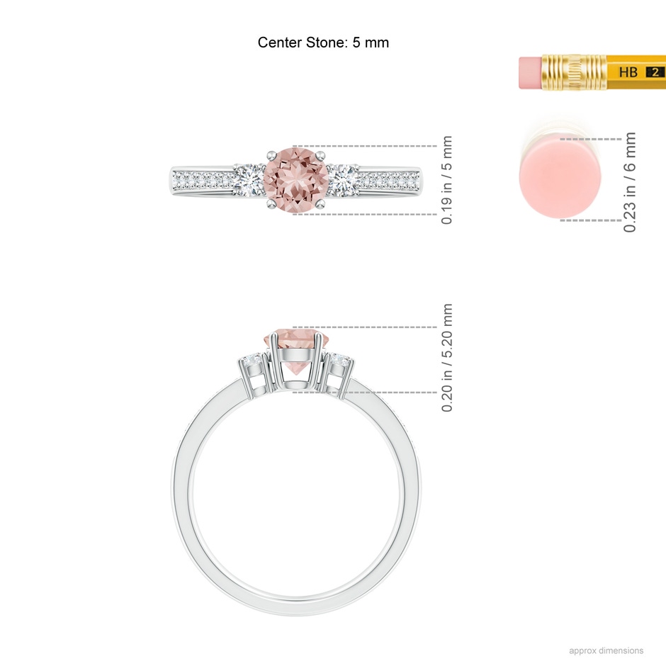 5mm AAAA Classic Three Stone Morganite and Diamond Ring in White Gold ruler