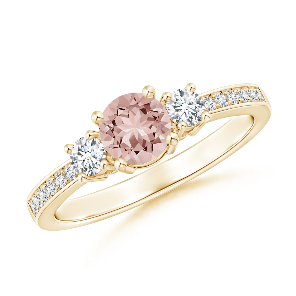 5mm AAAA Classic Three Stone Morganite and Diamond Ring in Yellow Gold