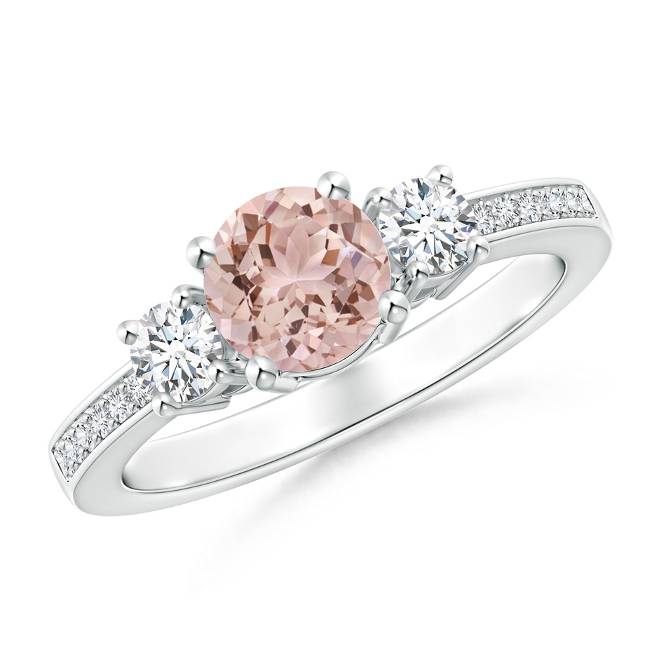 6mm AAA Classic Three Stone Round Morganite and Diamond Engagement Ring in White Gold 