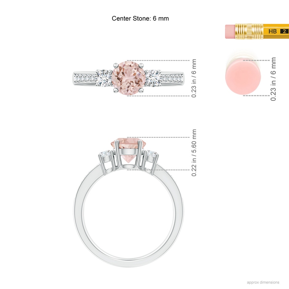 6mm AAA Classic Three Stone Round Morganite and Diamond Engagement Ring in White Gold ruler