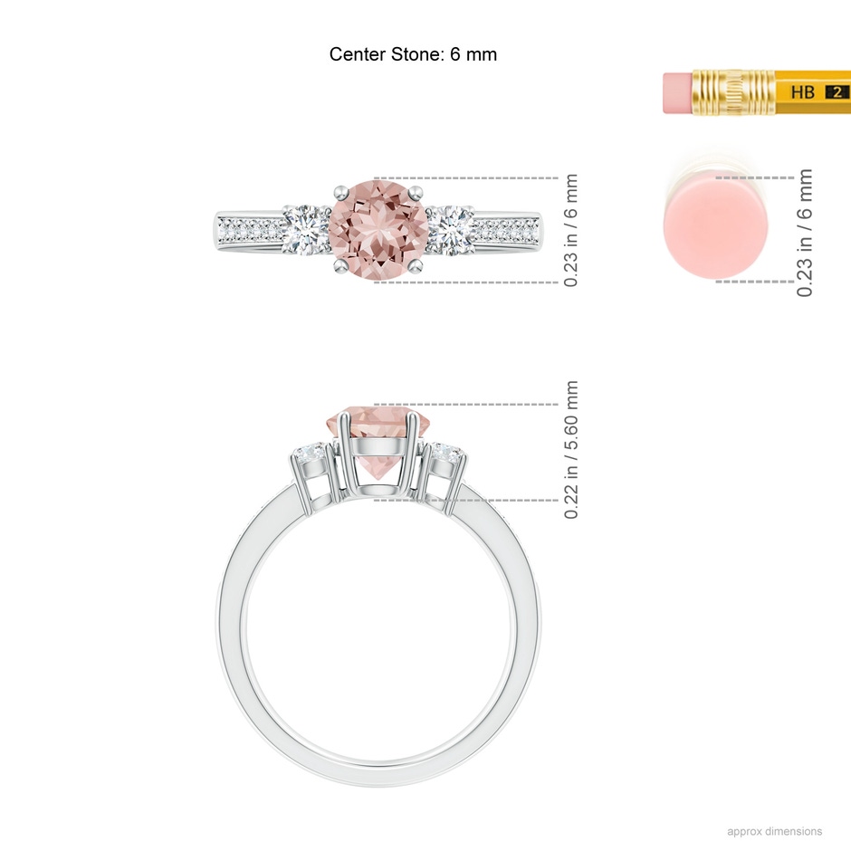 6mm AAAA Classic Three Stone Round Morganite and Diamond Engagement Ring in P950 Platinum ruler