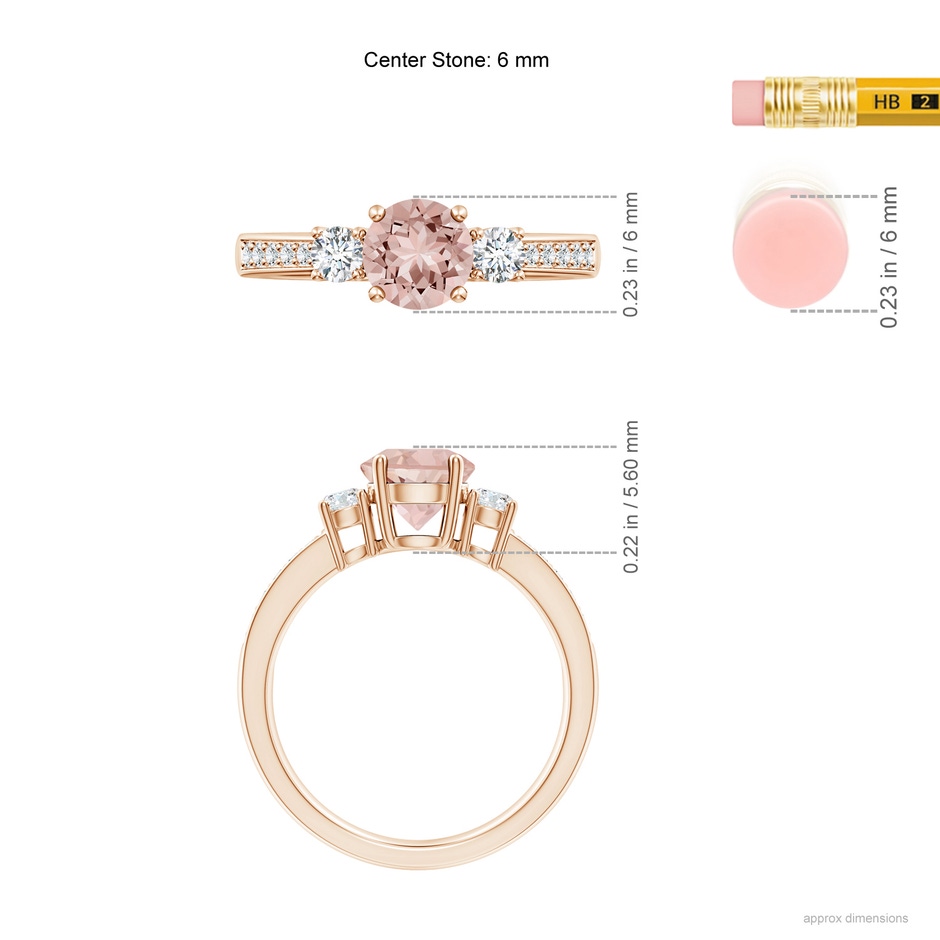 6mm AAAA Classic Three Stone Round Morganite and Diamond Engagement Ring in Rose Gold ruler