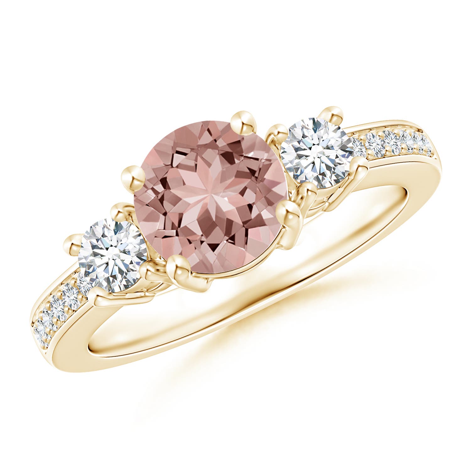 7mm AAAA Classic Three Stone Round Morganite and Diamond Engagement Ring in 18K Yellow Gold