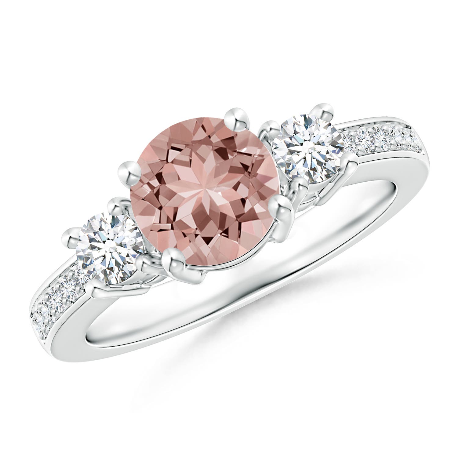 7mm AAAA Classic Three Stone Round Morganite and Diamond Engagement Ring in P950 Platinum