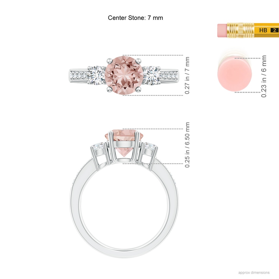 7mm AAAA Classic Three Stone Round Morganite and Diamond Engagement Ring in P950 Platinum ruler