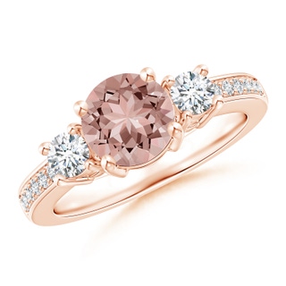 7mm AAAA Classic Three Stone Morganite and Diamond Ring in Rose Gold