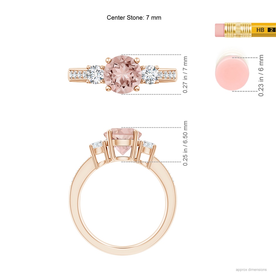 7mm AAAA Classic Three Stone Round Morganite and Diamond Engagement Ring in Rose Gold ruler