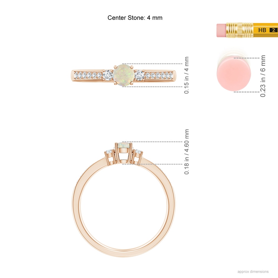 4mm AAA Classic Three Stone Round Opal and Diamond Engagement Ring in Rose Gold ruler