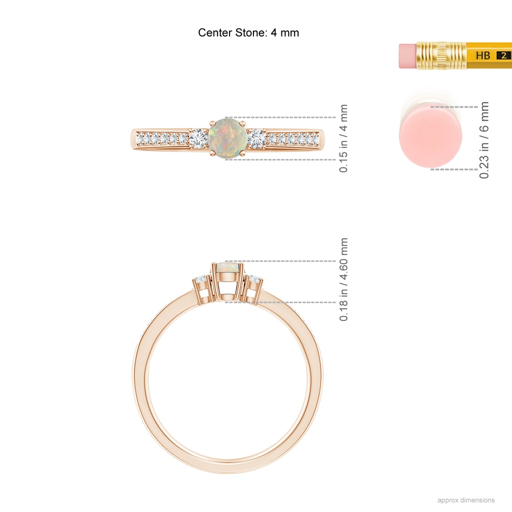 4mm AAAA Classic Three Stone Opal and Diamond Ring in Rose Gold Ruler