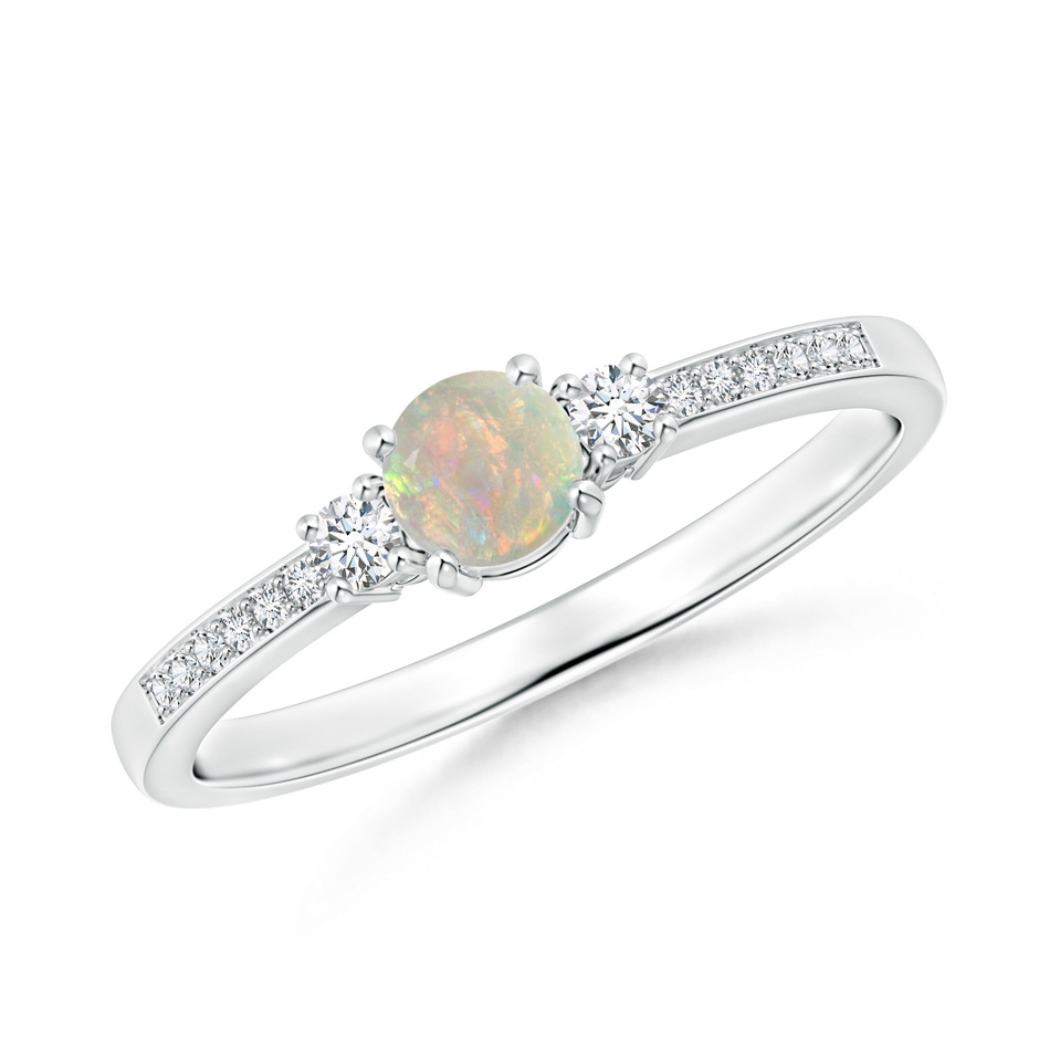 4mm AAAA Classic Three Stone Round Opal and Diamond Engagement Ring in White Gold 