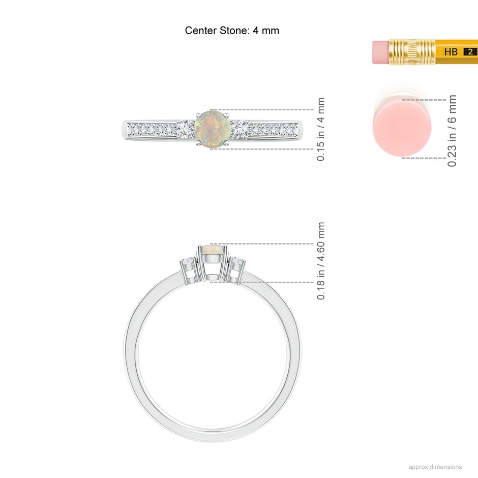 4mm AAAA Classic Three Stone Round Opal and Diamond Engagement Ring in White Gold ruler