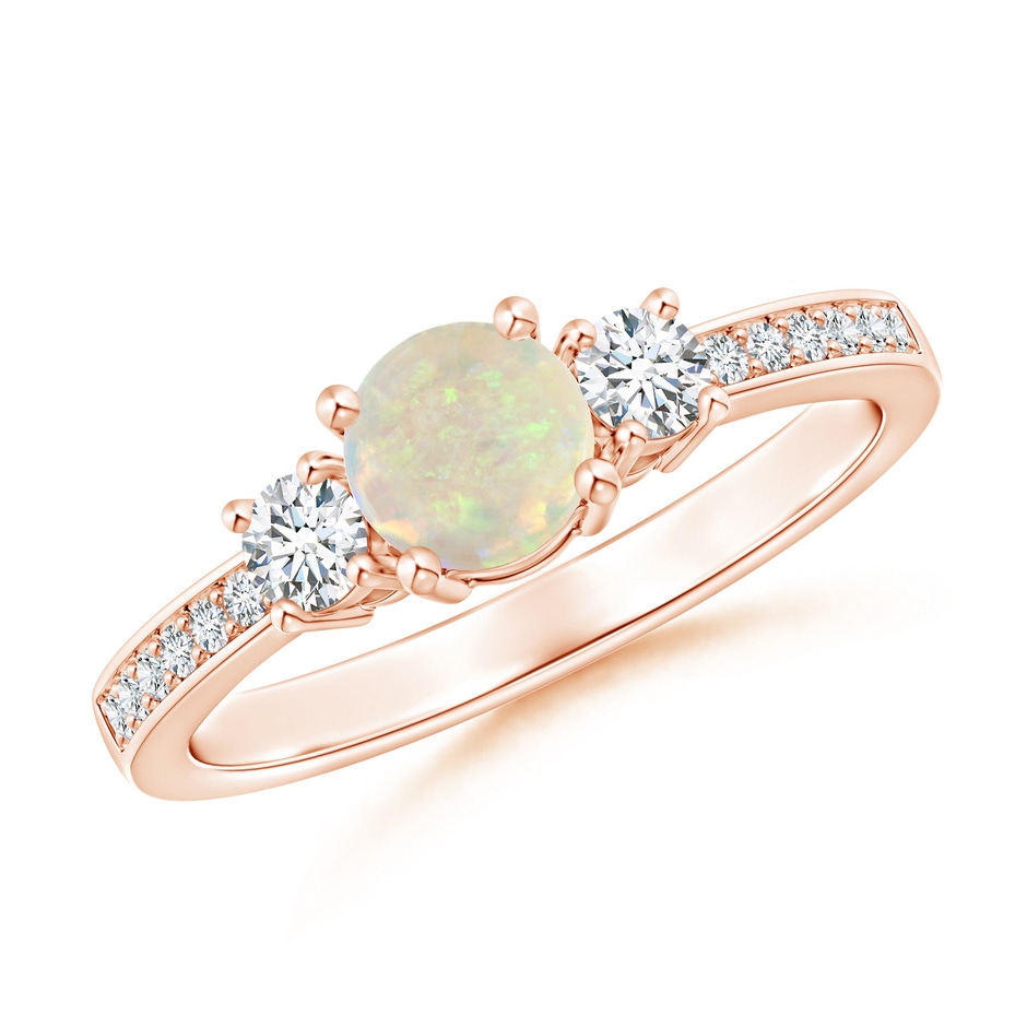 5mm AAA Classic Three Stone Round Opal and Diamond Engagement Ring in Rose Gold 