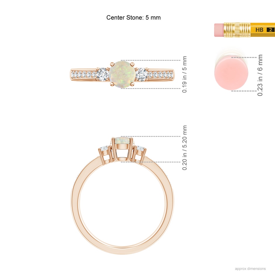 5mm AAA Classic Three Stone Round Opal and Diamond Engagement Ring in Rose Gold ruler