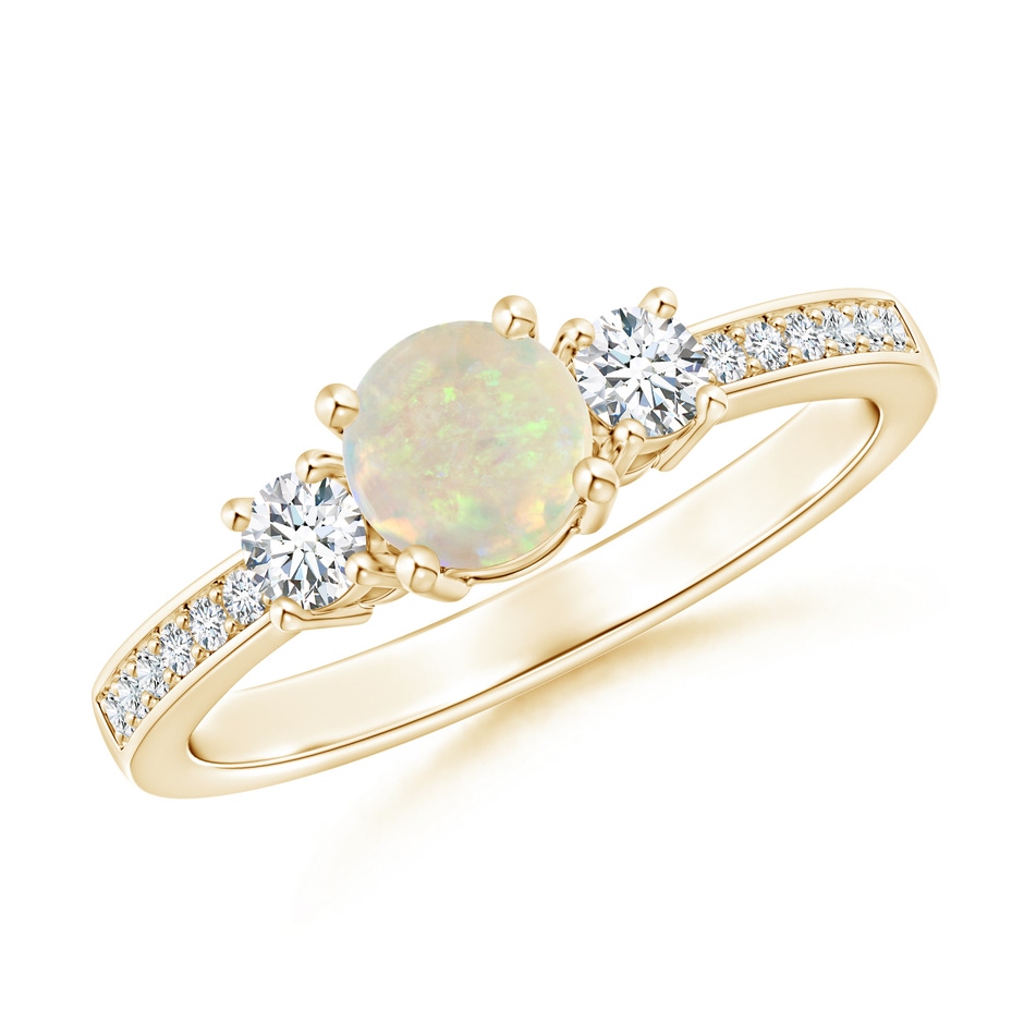 5mm AAA Classic Three Stone Round Opal and Diamond Engagement Ring in Yellow Gold 