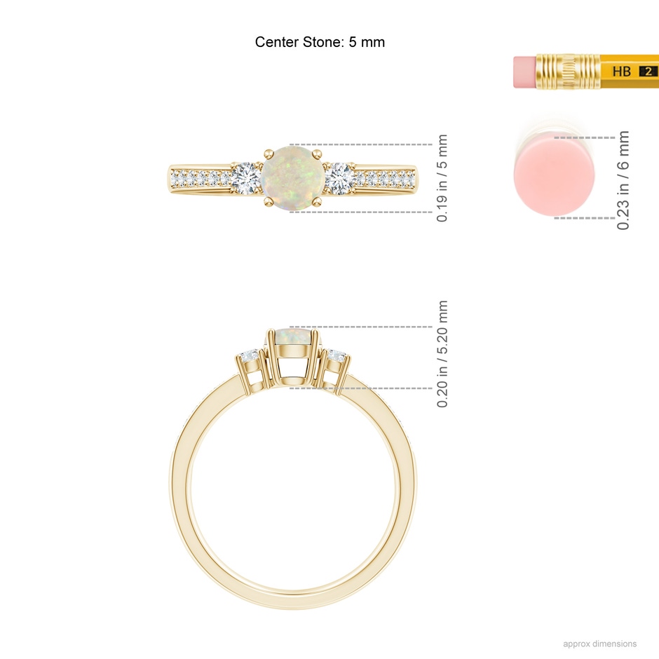 5mm AAA Classic Three Stone Round Opal and Diamond Engagement Ring in Yellow Gold ruler
