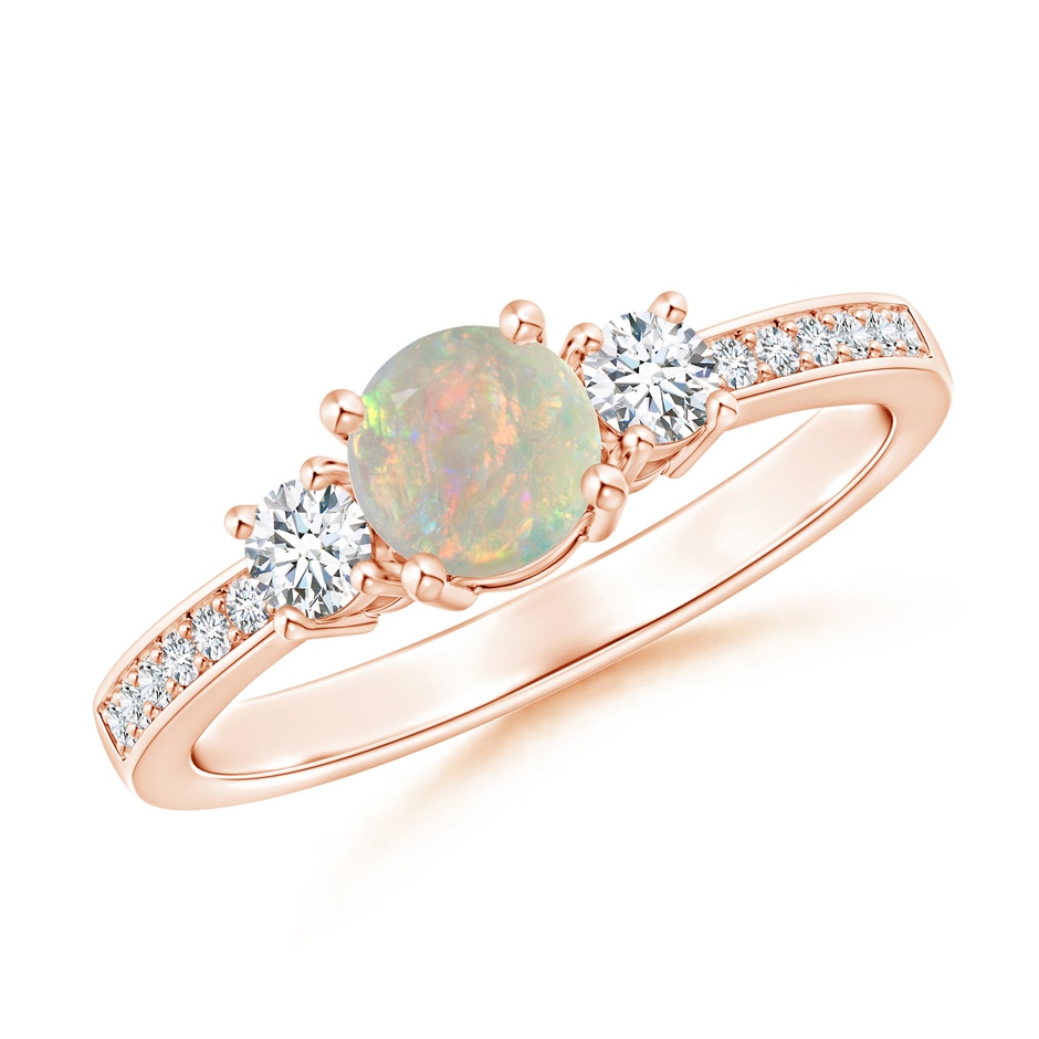 5mm AAAA Classic Three Stone Round Opal and Diamond Engagement Ring in Rose Gold 