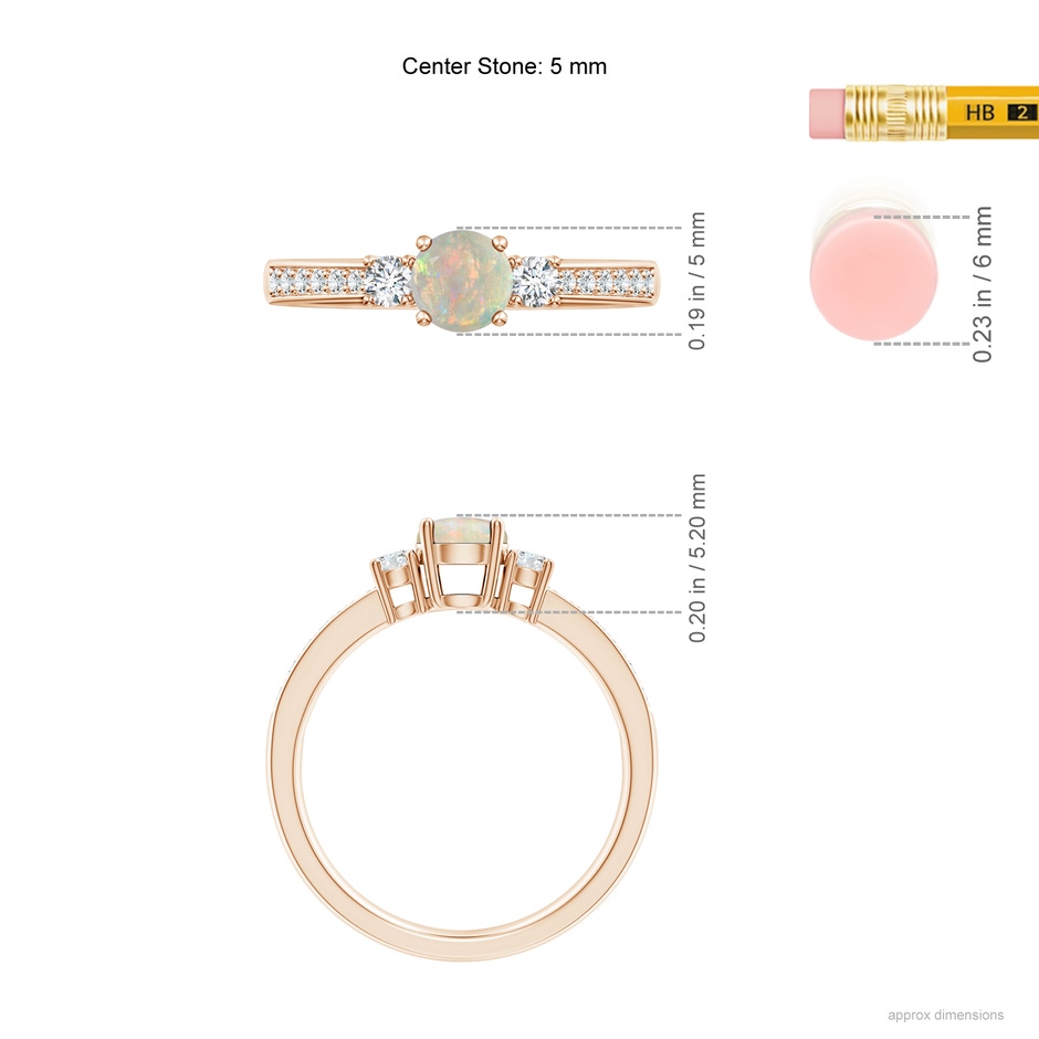 5mm AAAA Classic Three Stone Round Opal and Diamond Engagement Ring in Rose Gold ruler