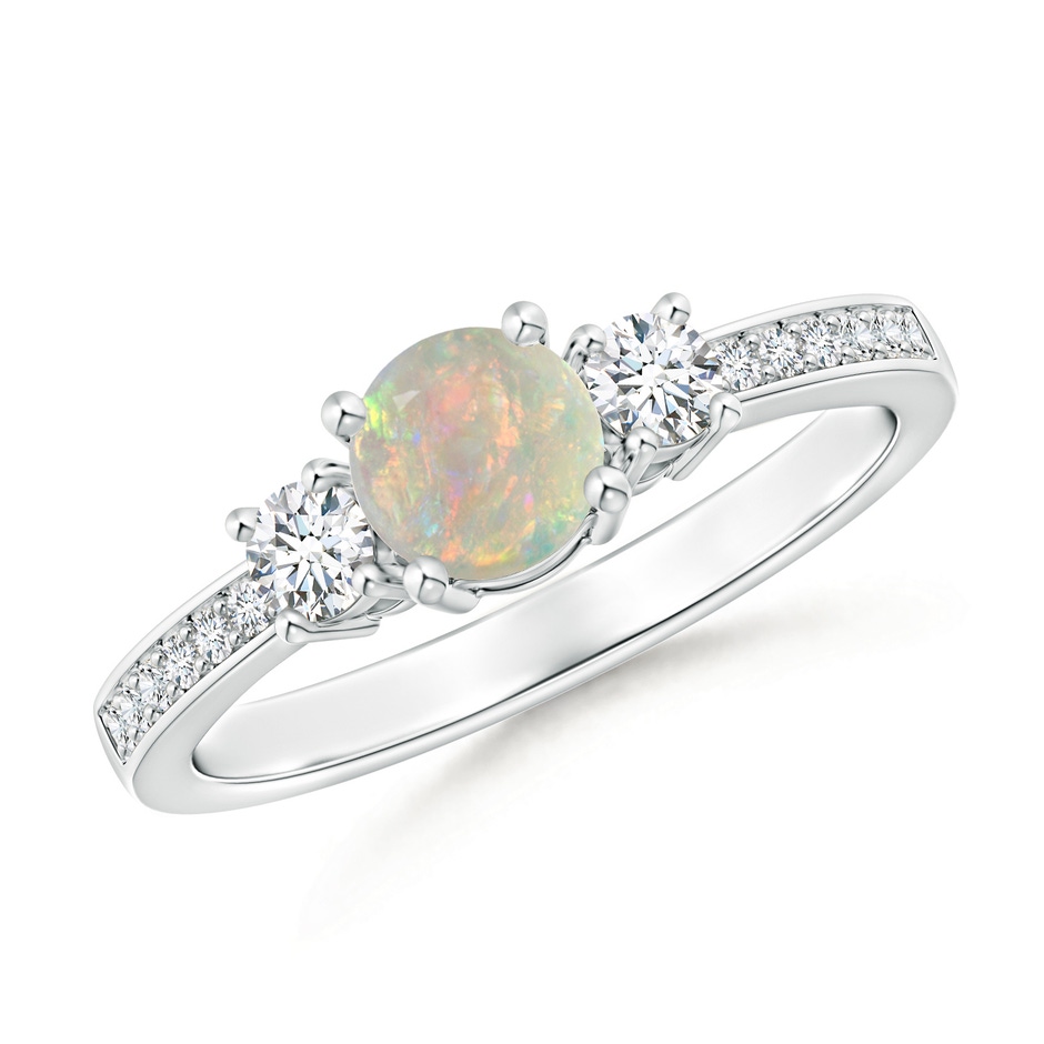 5mm AAAA Classic Three Stone Round Opal and Diamond Engagement Ring in White Gold 