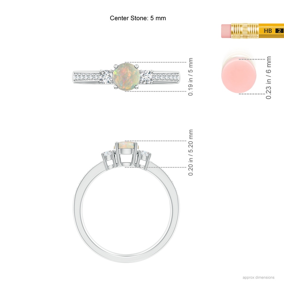 5mm AAAA Classic Three Stone Round Opal and Diamond Engagement Ring in White Gold ruler