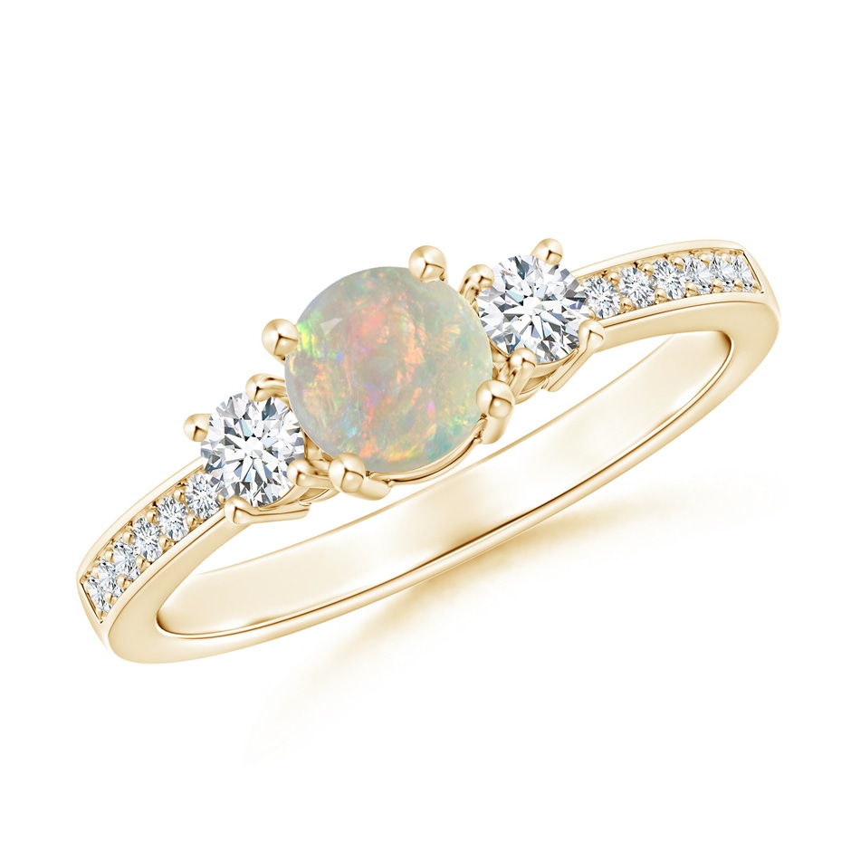 5mm AAAA Classic Three Stone Round Opal and Diamond Engagement Ring in Yellow Gold 