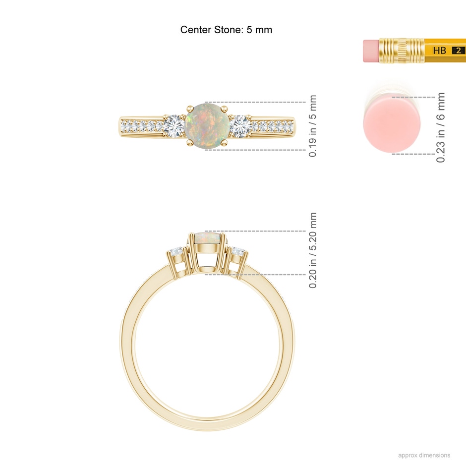 5mm AAAA Classic Three Stone Round Opal and Diamond Engagement Ring in Yellow Gold ruler