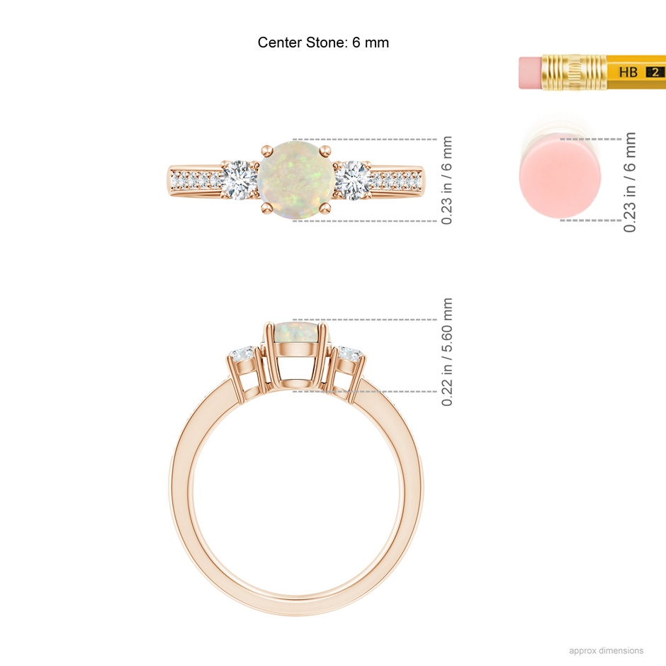 6mm AAA Classic Three Stone Round Opal and Diamond Engagement Ring in Rose Gold ruler