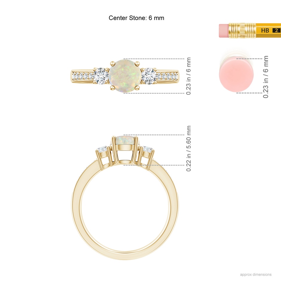 6mm AAA Classic Three Stone Round Opal and Diamond Engagement Ring in Yellow Gold ruler