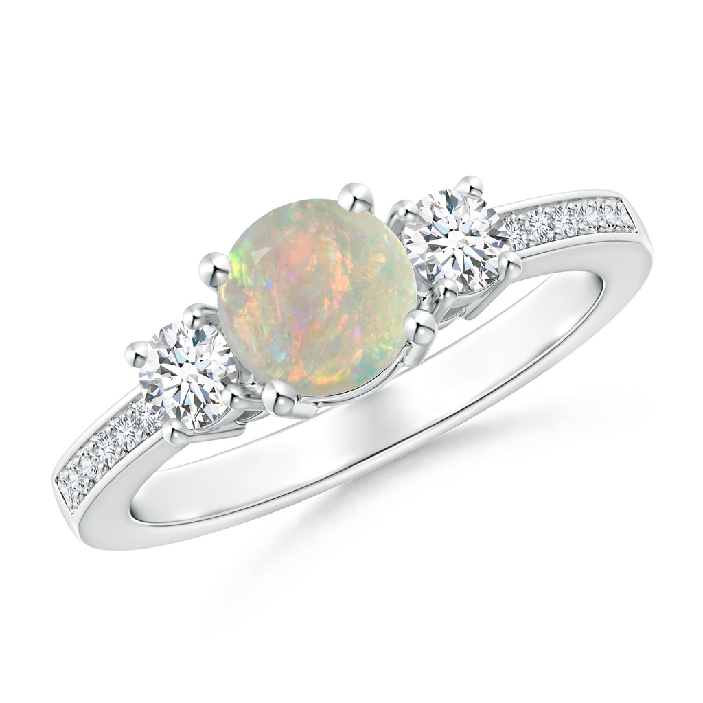 6mm AAAA Classic Three Stone Round Opal and Diamond Engagement Ring in P950 Platinum