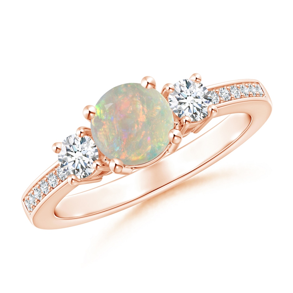 6mm AAAA Classic Three Stone Round Opal and Diamond Engagement Ring in Rose Gold 