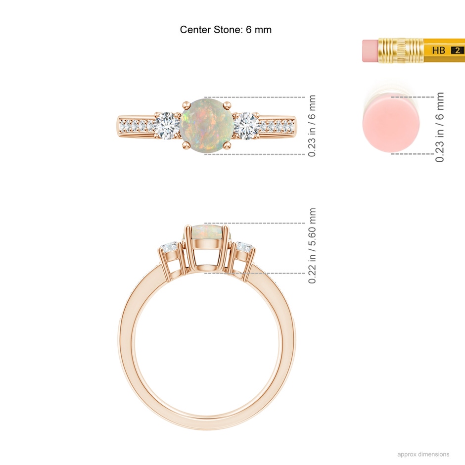 6mm AAAA Classic Three Stone Round Opal and Diamond Engagement Ring in Rose Gold ruler