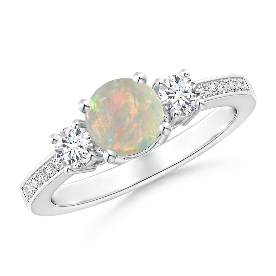 6mm AAAA Classic Three Stone Round Opal and Diamond Engagement Ring in White Gold 