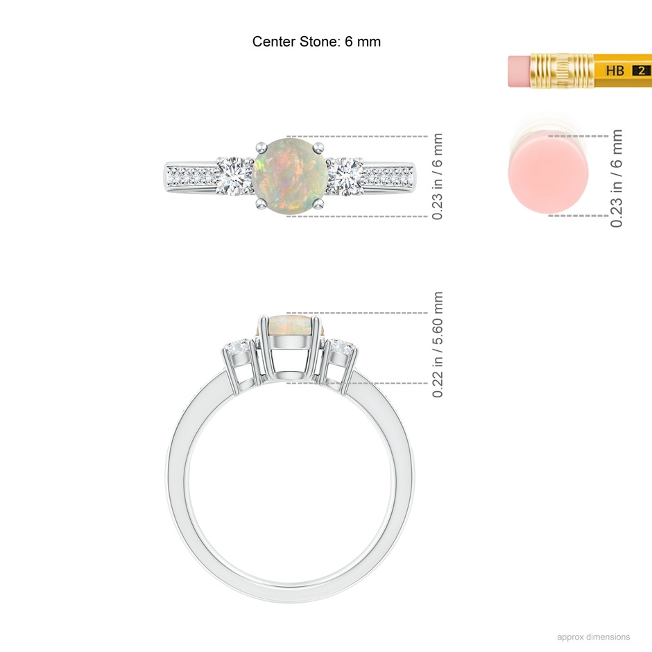 6mm AAAA Classic Three Stone Round Opal and Diamond Engagement Ring in White Gold ruler