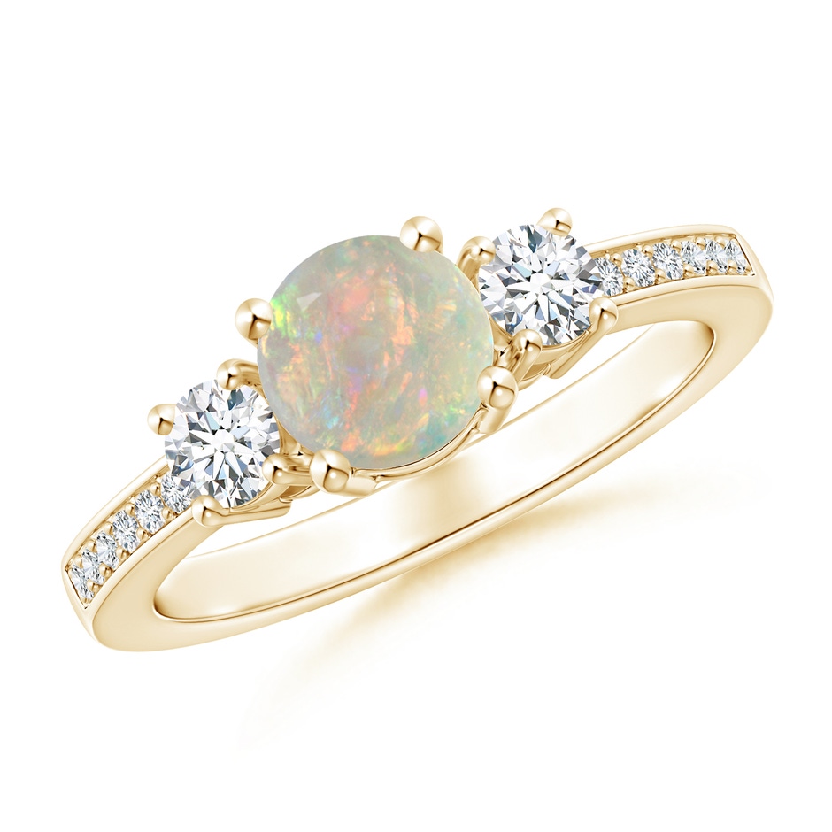 6mm AAAA Classic Three Stone Round Opal and Diamond Engagement Ring in Yellow Gold 