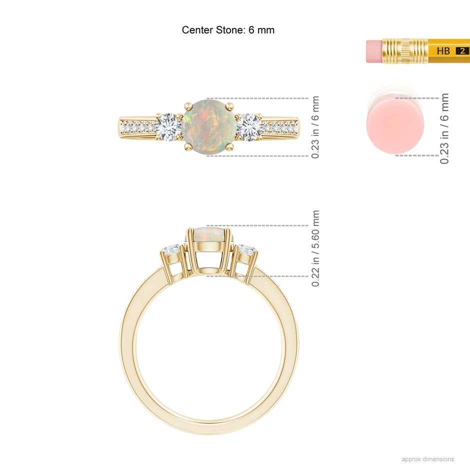 6mm AAAA Classic Three Stone Round Opal and Diamond Engagement Ring in Yellow Gold ruler