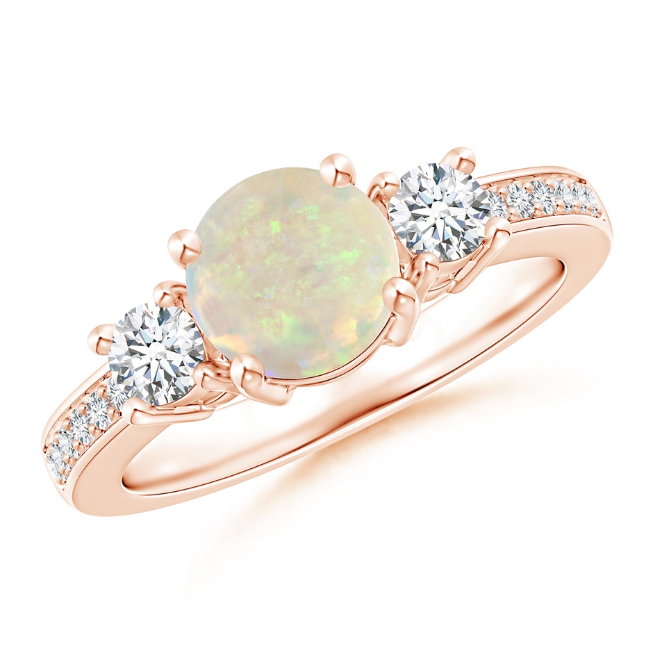 7mm AAA Classic Three Stone Round Opal and Diamond Engagement Ring in 18K Rose Gold 