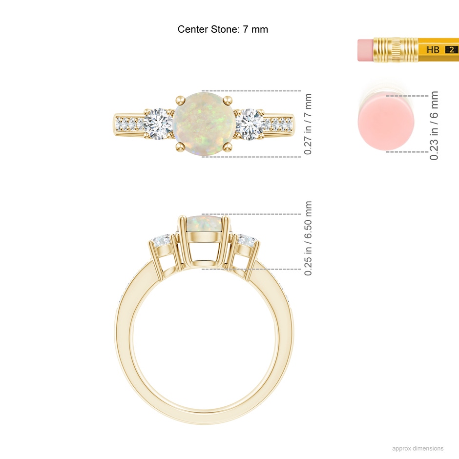 7mm AAA Classic Three Stone Round Opal and Diamond Engagement Ring in 18K Yellow Gold ruler