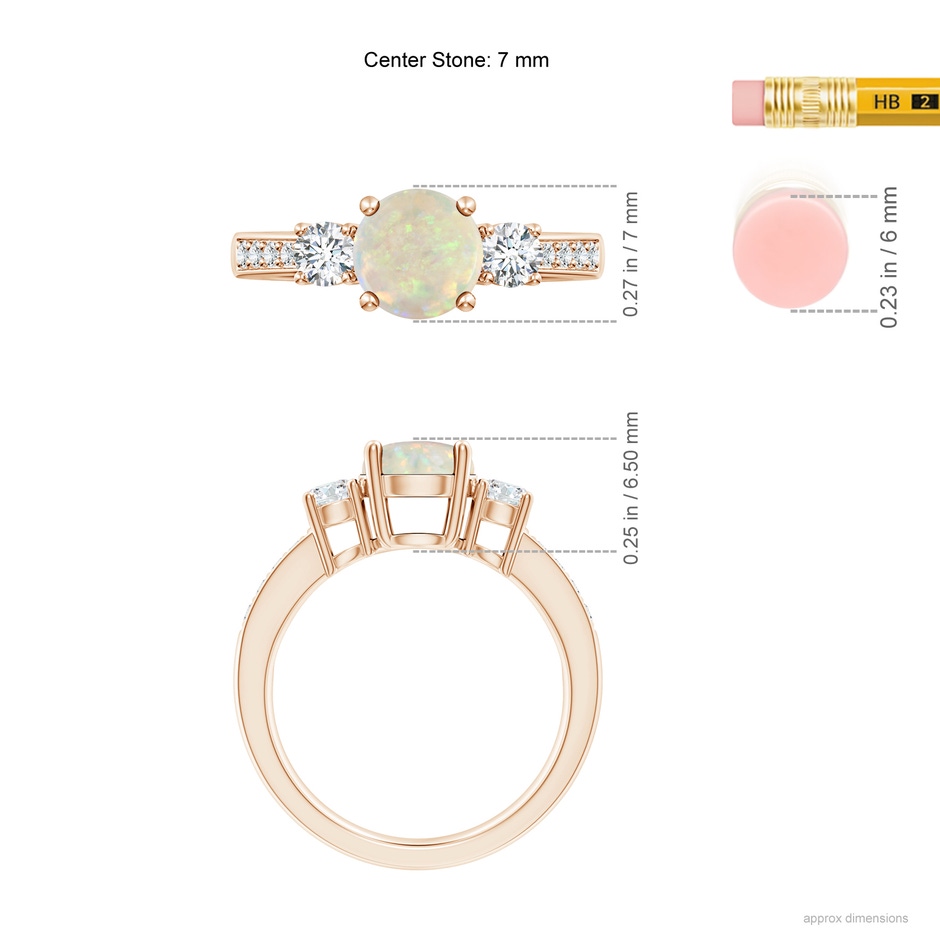 7mm AAA Classic Three Stone Round Opal and Diamond Engagement Ring in Rose Gold ruler