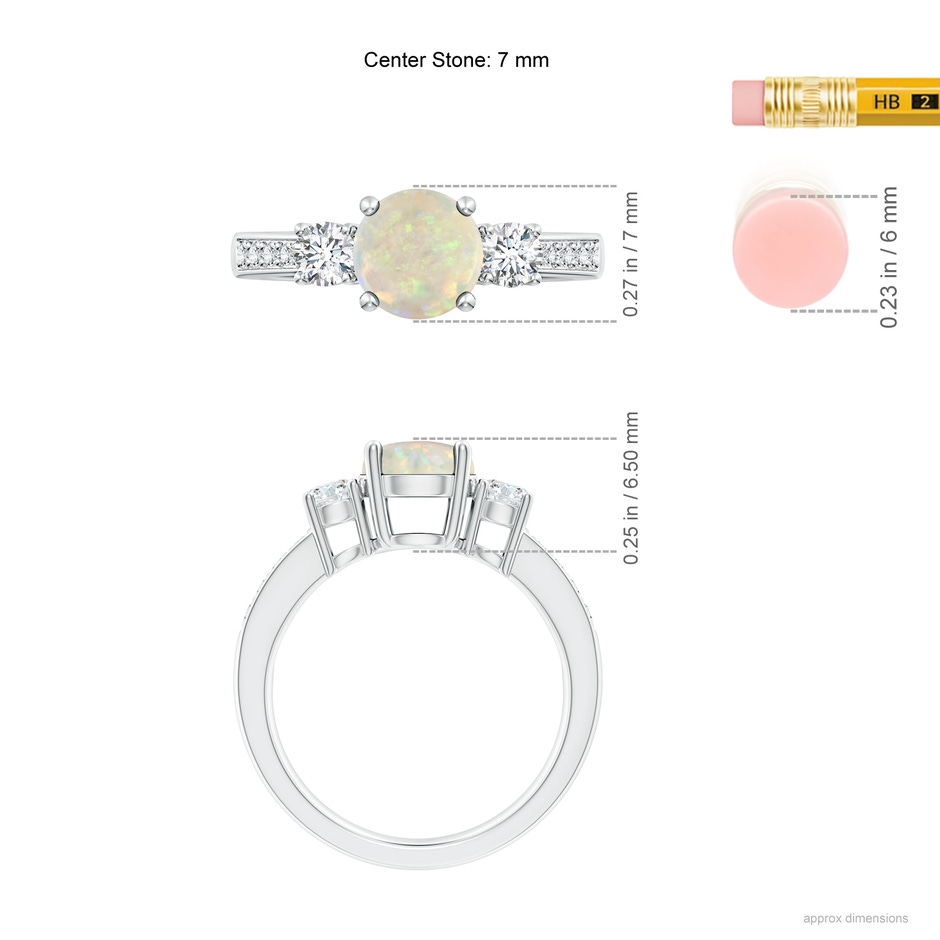 7mm AAA Classic Three Stone Round Opal and Diamond Engagement Ring in White Gold ruler