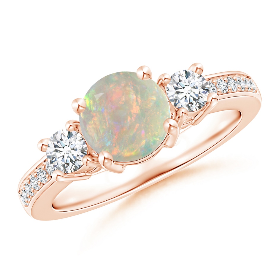 7mm AAAA Classic Three Stone Round Opal and Diamond Engagement Ring in Rose Gold 