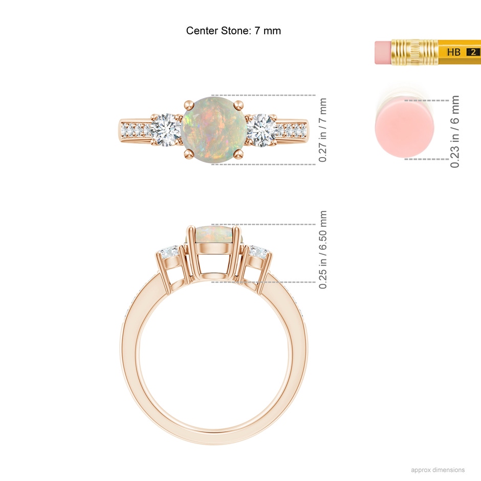 7mm AAAA Classic Three Stone Round Opal and Diamond Engagement Ring in Rose Gold ruler