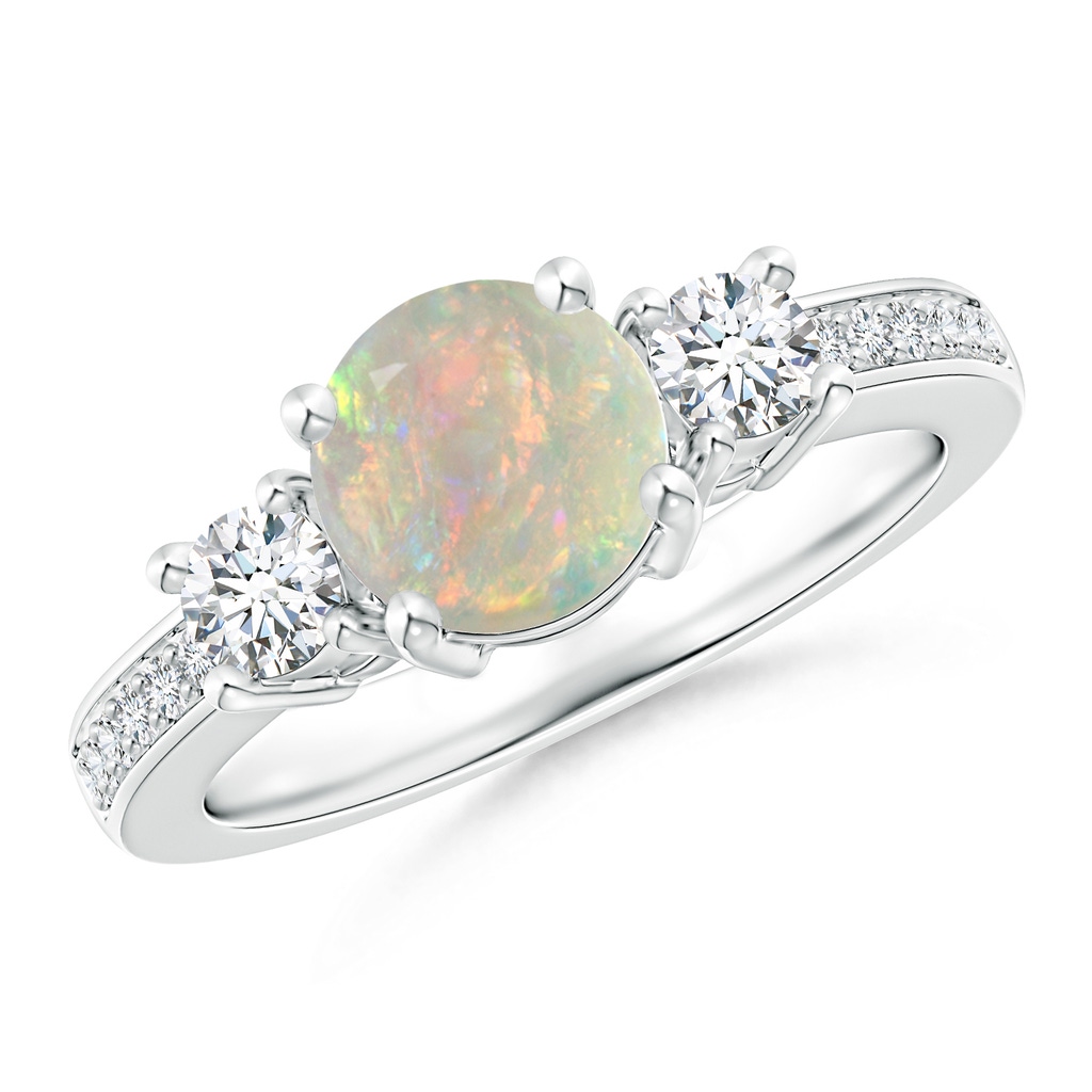 7mm AAAA Classic Three Stone Opal and Diamond Ring in White Gold
