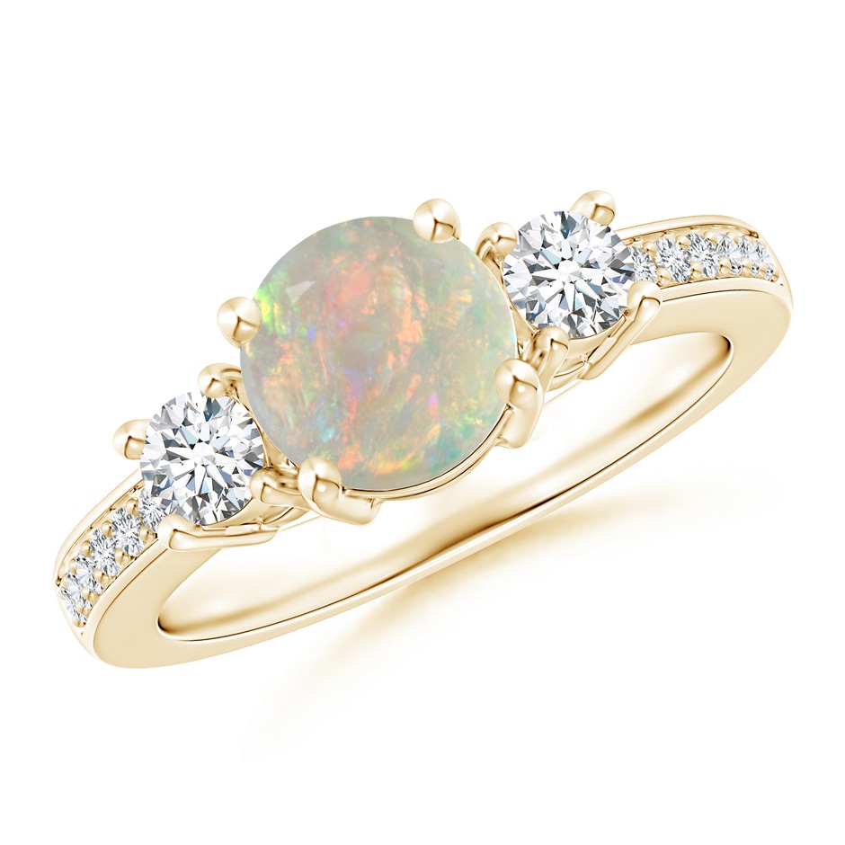 7mm AAAA Classic Three Stone Round Opal and Diamond Engagement Ring in Yellow Gold 