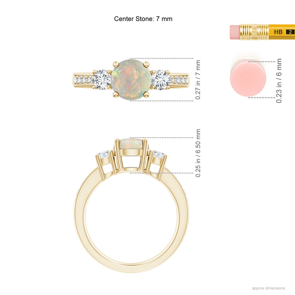 7mm AAAA Classic Three Stone Round Opal and Diamond Engagement Ring in Yellow Gold ruler