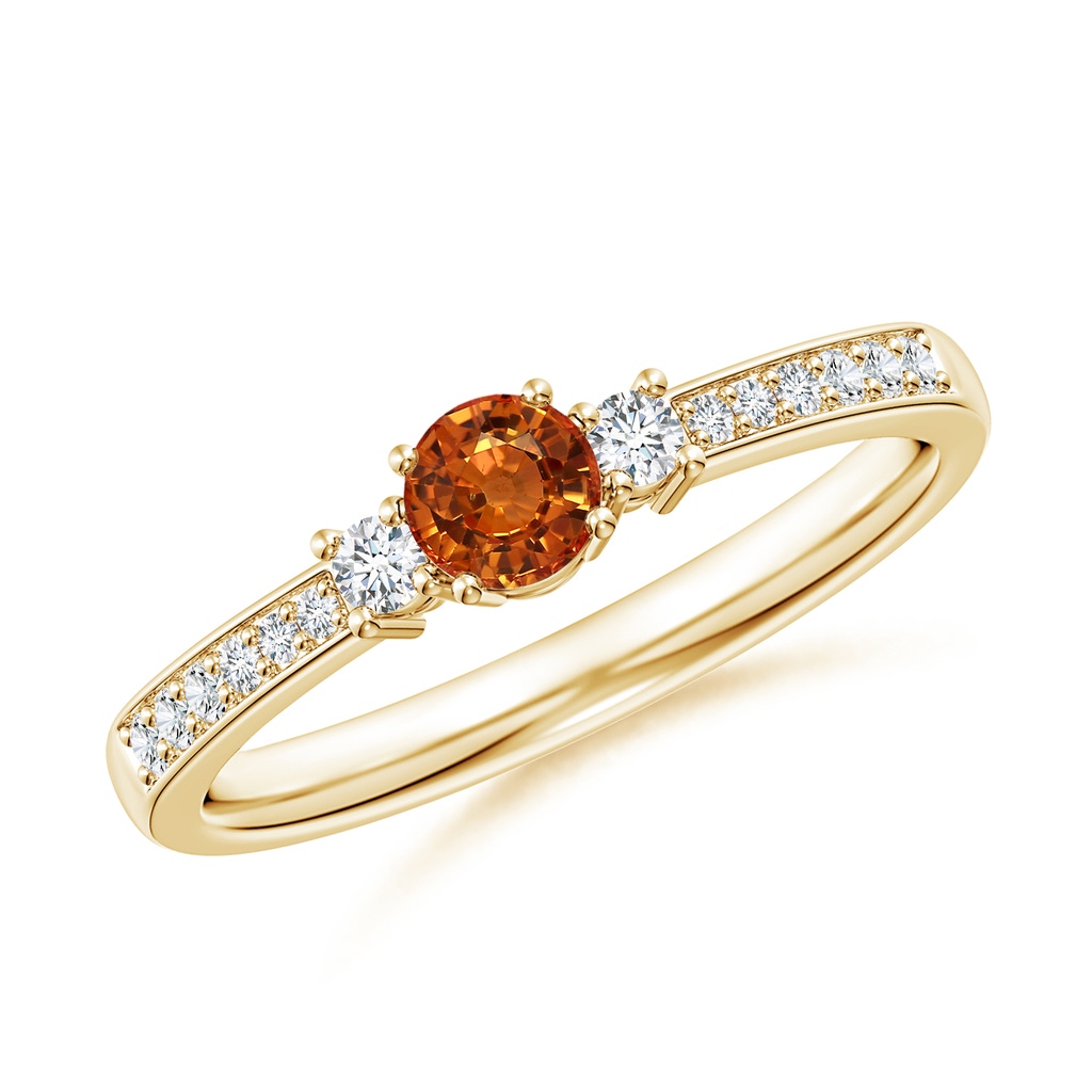 4mm AAAA Classic Three Stone Orange Sapphire Ring with Diamonds in Yellow Gold