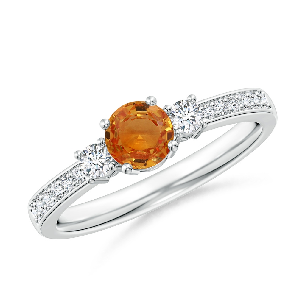 5mm AAA Classic Three Stone Orange Sapphire Ring with Diamonds in White Gold