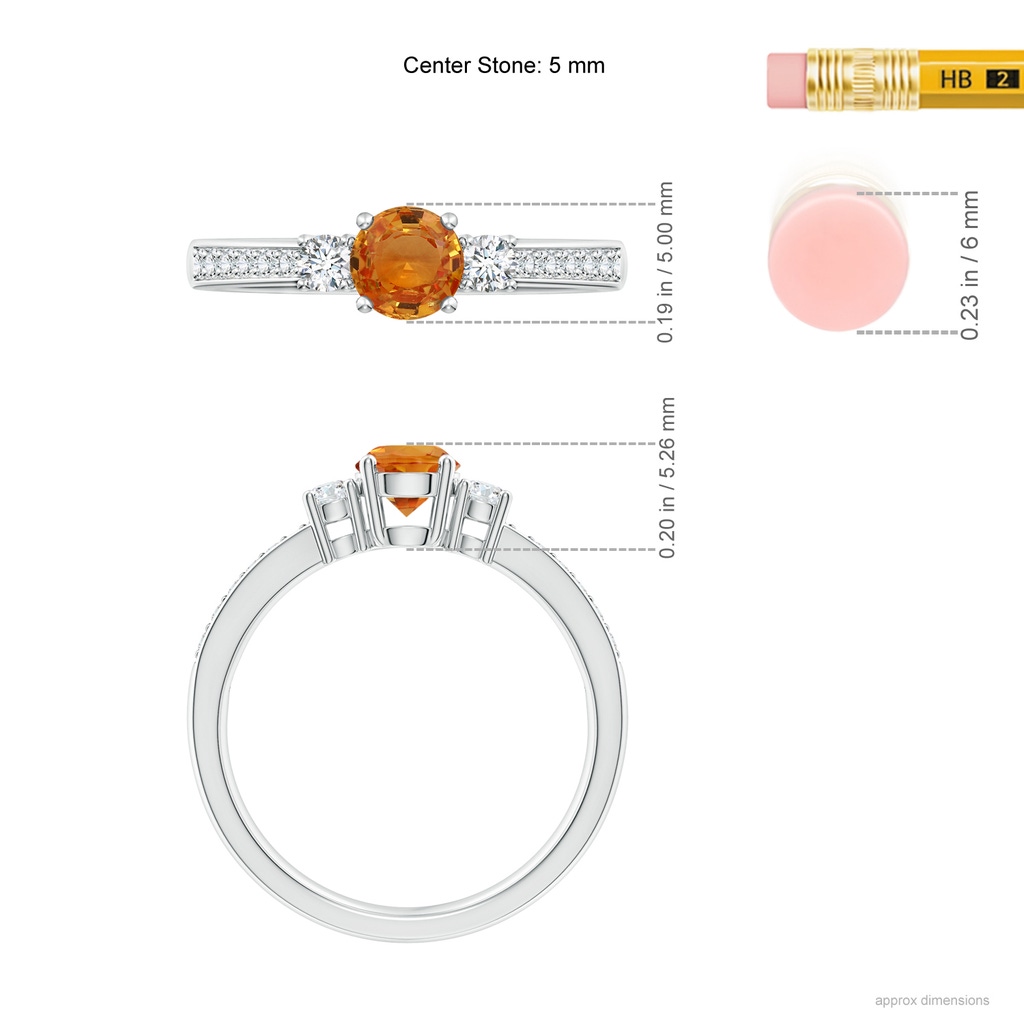 5mm AAA Classic Three Stone Orange Sapphire Ring with Diamonds in White Gold Body-Hand