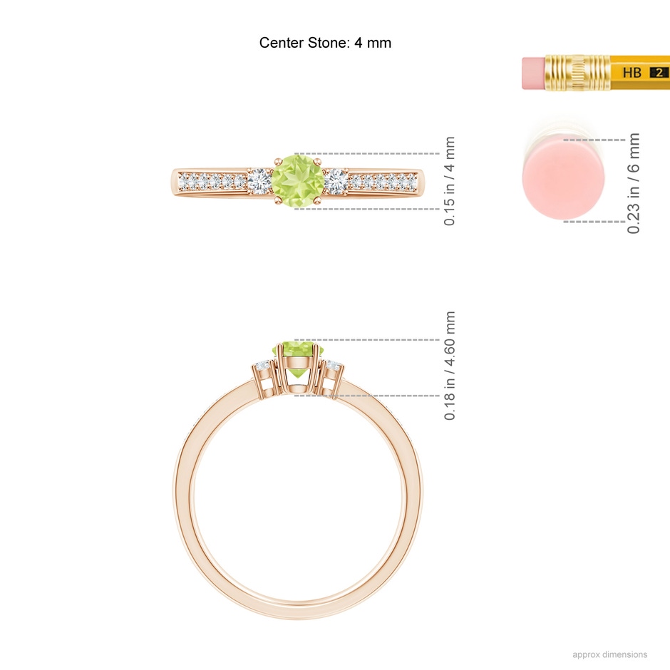 4mm A Classic Three Stone Peridot and Diamond Ring in Rose Gold ruler