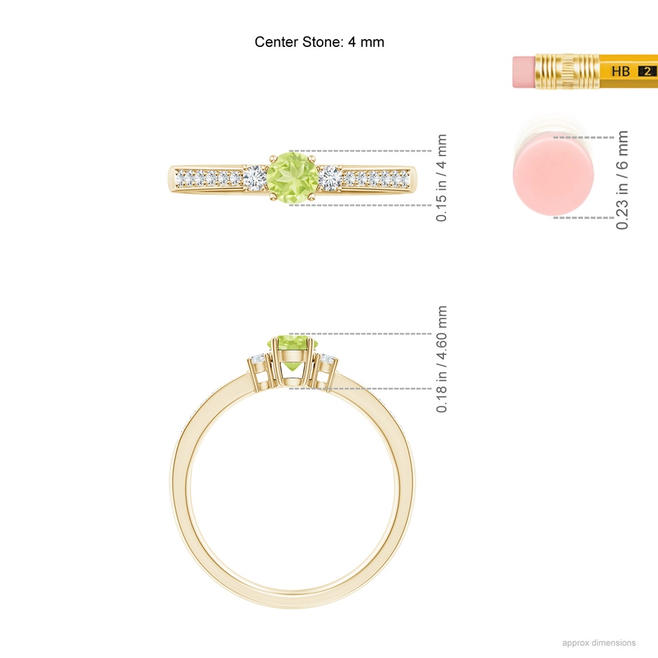 4mm A Classic Three Stone Peridot and Diamond Ring in Yellow Gold ruler