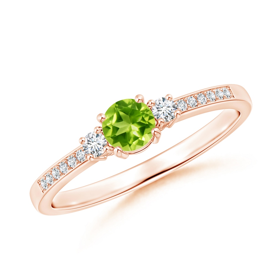 4mm AAA Classic Three Stone Peridot and Diamond Ring in Rose Gold 