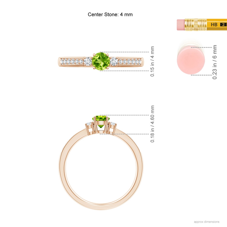 4mm AAA Classic Three Stone Peridot and Diamond Ring in Rose Gold ruler